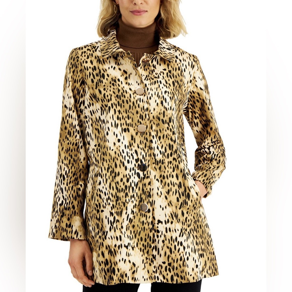 JM Collection Leopard Print Button-Front Coat in Tan and Black